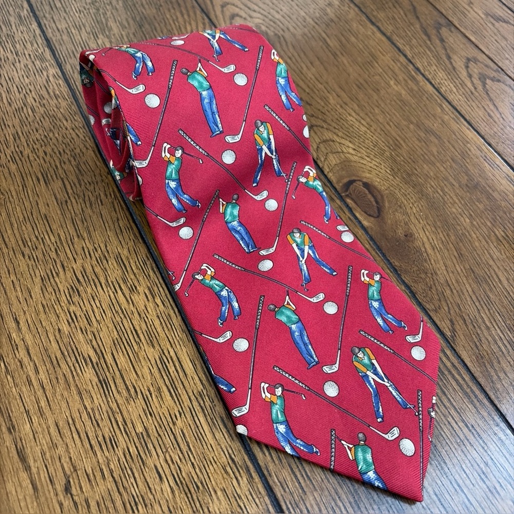 Vintage Chaps Ralph Lauren Men's Necktie Red Blue/Green Golfers Silk